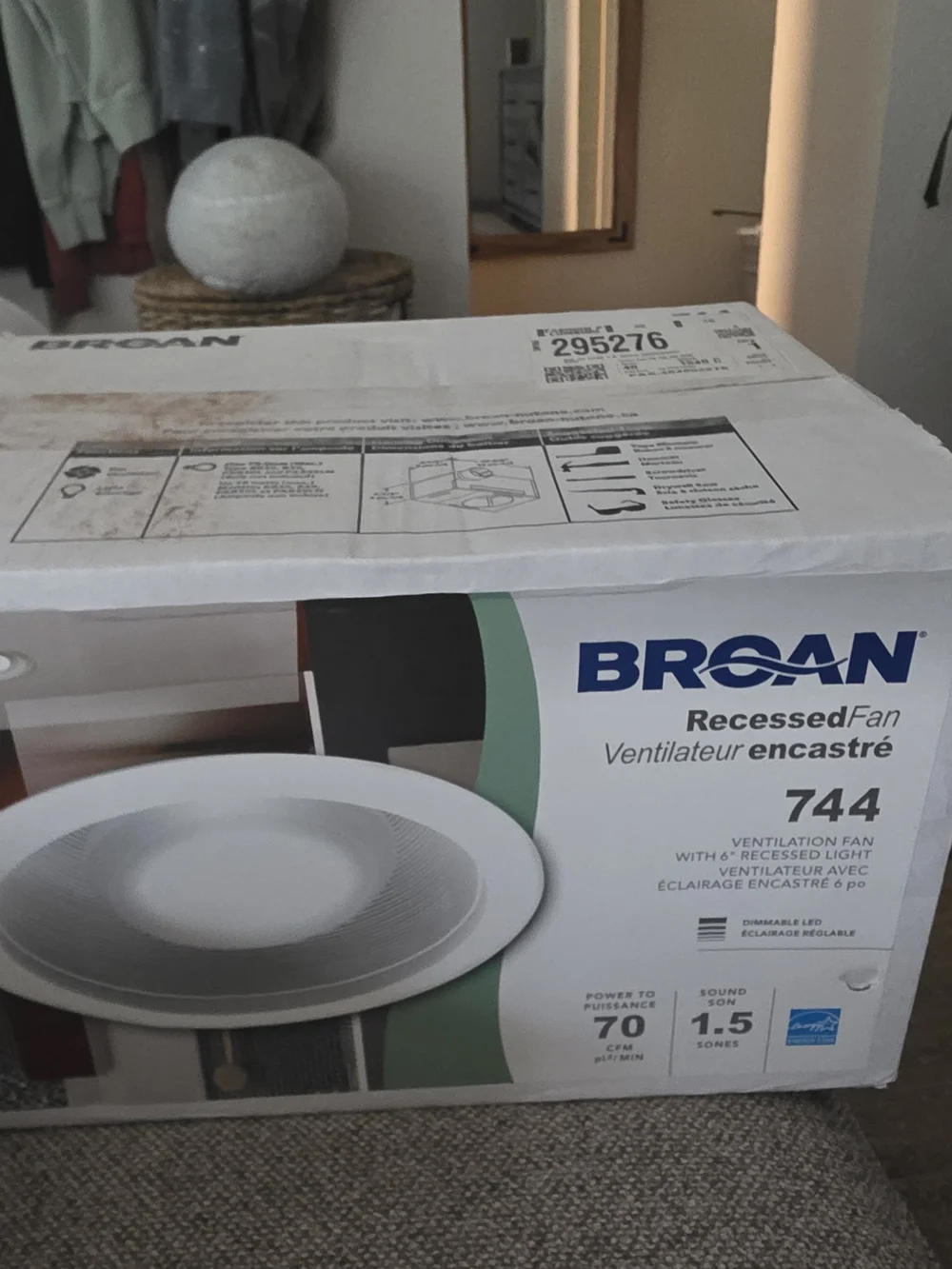 744 White Recessed Bath Fan with Light New In Sealed Box